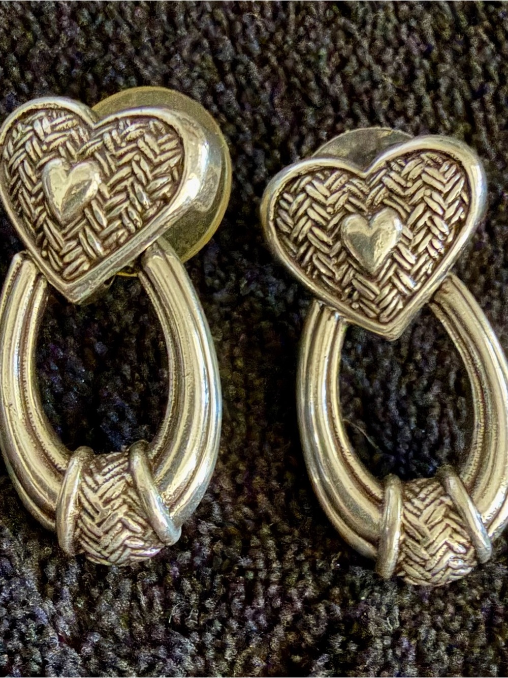 Vintage Brighton Silver Heart Drop Earrings with Woven Detail